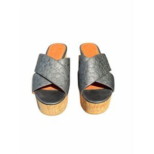 Coach Black Signature Leather Cork Platform Wedge Sandals Size 8.5B